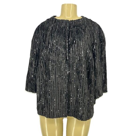 Lafayette 148 Size 16 Women Black Snap Up Cropped Flare Jacket Sequin Fuzzy CLT - Picture 1 of 8